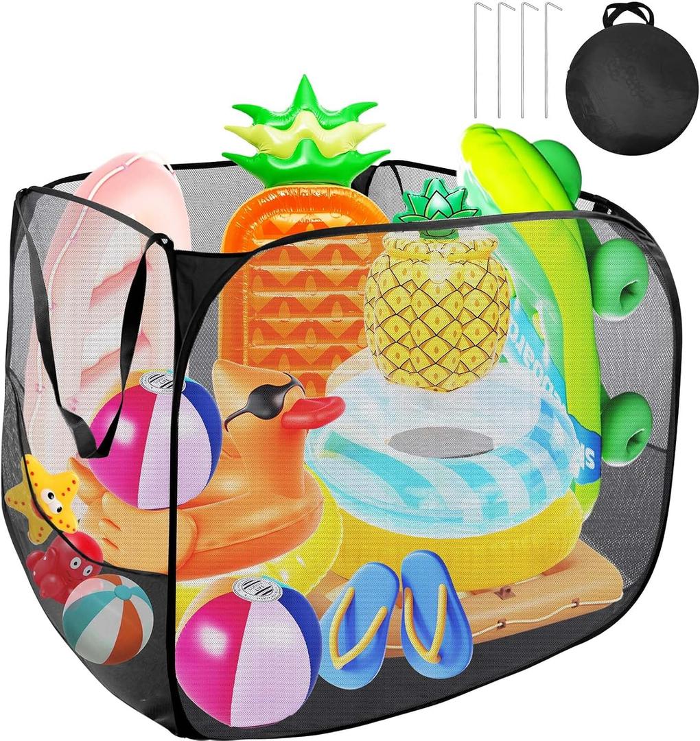 Pop up Pool Toy Storage Bin,32"X32"X30"Pool Float Organizer Bag with 2 Side Pockets Mesh Swimming Pool Toys Organizer with 4 Ground Nails for Inflatable Toys, Float, Beach Ball and Pool Accessories