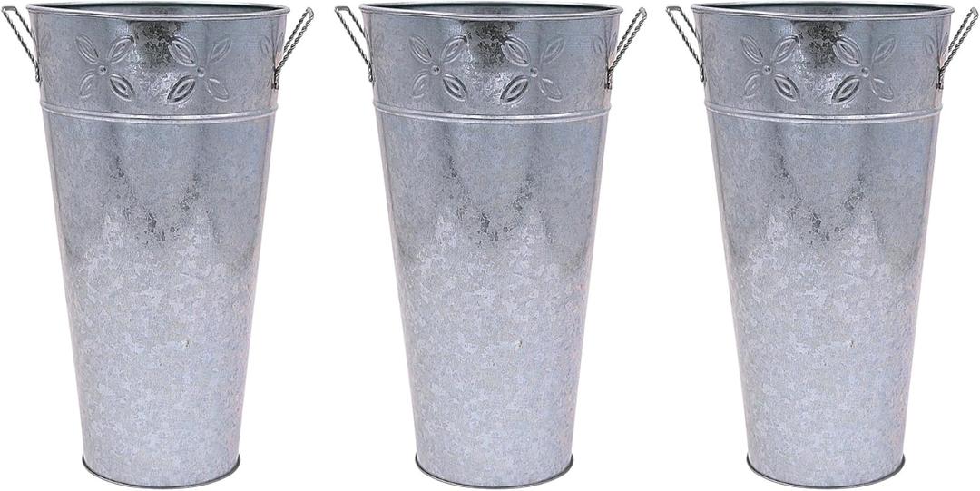 Hosley Set of 3 Galvanized Vases 6.5" Dia x 12" H Each French Bucket Design Ideal Gift for Wedding Special Events Aromatherapy Spa Reiki Meditation Settings O3