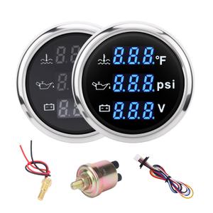 Triple Gauge Set 3in1,Water Temp (104F-248F), Oil Pressure (0-145PSI), Voltmeter (9-32V), AUTO Gauge with Digital Display Alarms for Cars Trucks Boats (Blue)