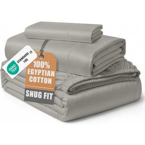LANE LINEN 100% Egyptian Cotton Twin Sheets Set, Sustainably Produced Luxury Hotel Like Thick Twin Bed Sheets, Naturally Temperature Regulating Machine Washable Cotton Sheets - Silver