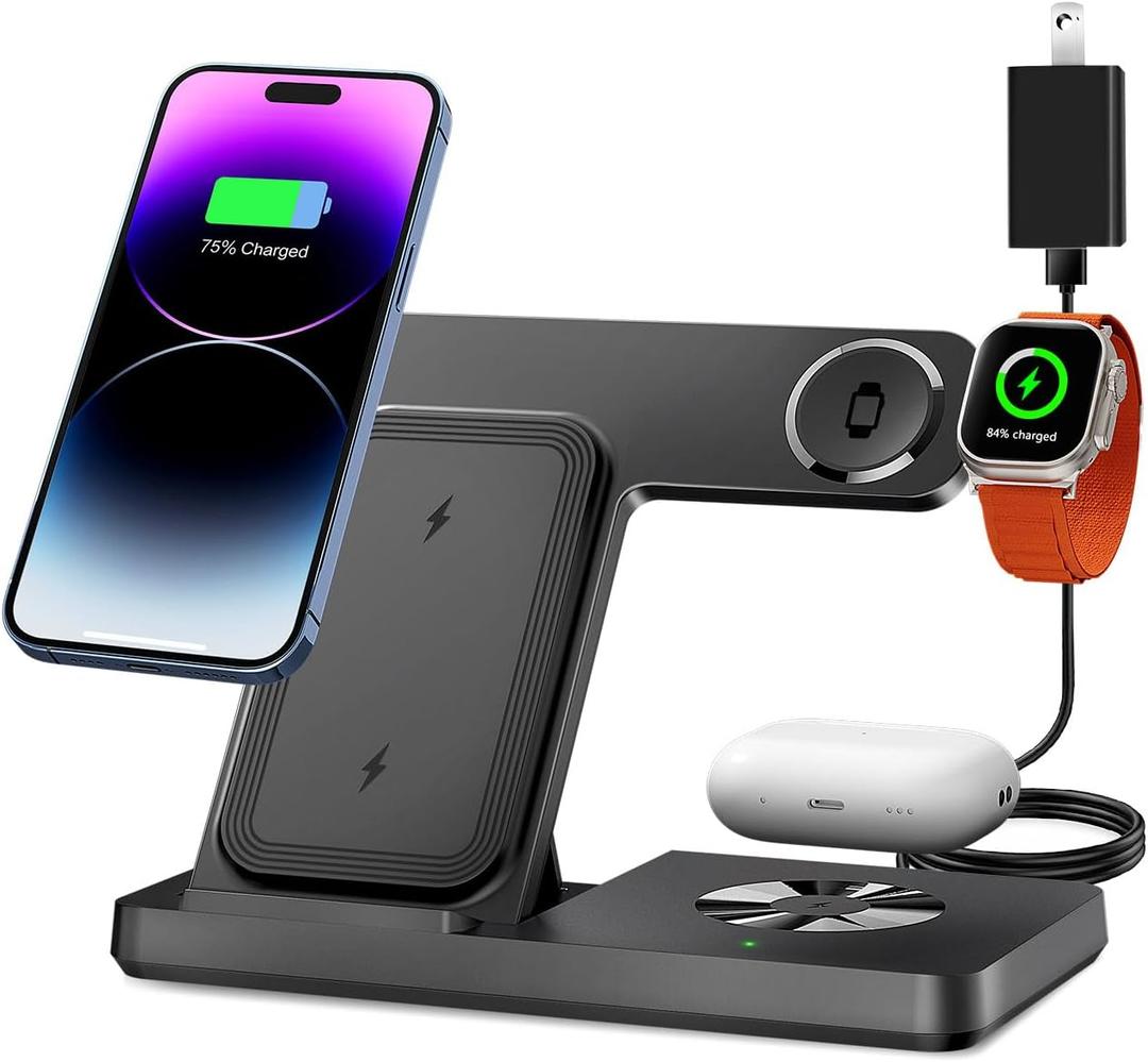 Wireless Charger, 3 In 1 Charging Station for Multi Devices, Charging Stand Dock for iPhone 8-16 Series, Apple Watch, AirPods Pro 3 2 with Adapter (Black)
