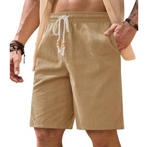 VOGSTART Men's Casual Cotton Shorts Drawstring 8 Inch Summer Vacation Shorts with Pockets, Brown, M