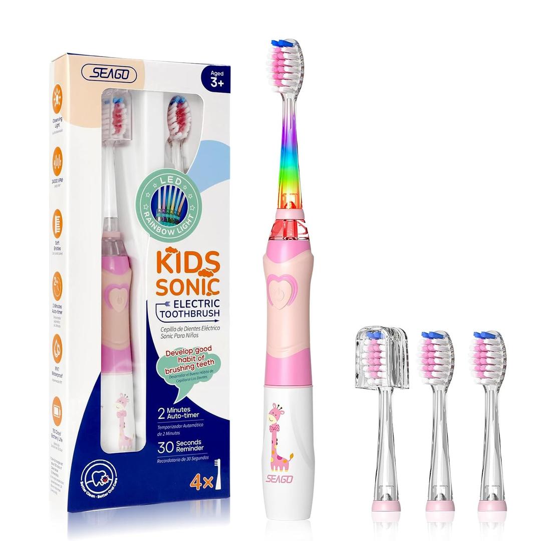 SEAGO Kids Electric Toothbrush with 2 Mins Brushing Timer and 4 Replacement Brush Heads, Rainbow LED Light Makes Brushing Fun, Boys Battery Powered Toothbrush for 4-12 Years OldSG-977Pink