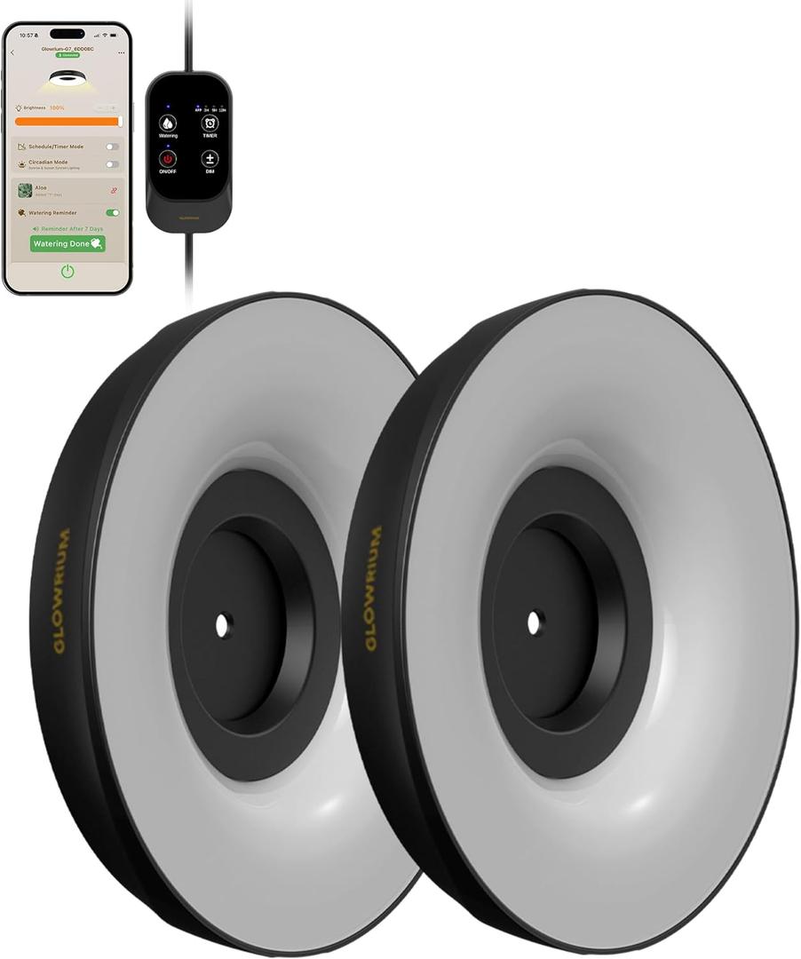 GLOWRIUM Grow Lights for Indoor Plants, 16W Smart Full Spectrum LED Grow Light, Auto Timer and Stepless Dimming,Plant Assistant with Watering Reminder,Modular Design (Black, 2 PCS)