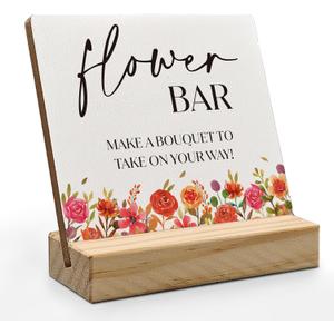 Flower Bar Desk Decor, Bridal Shower Sign Wood Plaque, Wedding Flowers Accessories for Reception Wooden Plaque Sign with Wood Stand for Wedding Reception Table Decor (Red)