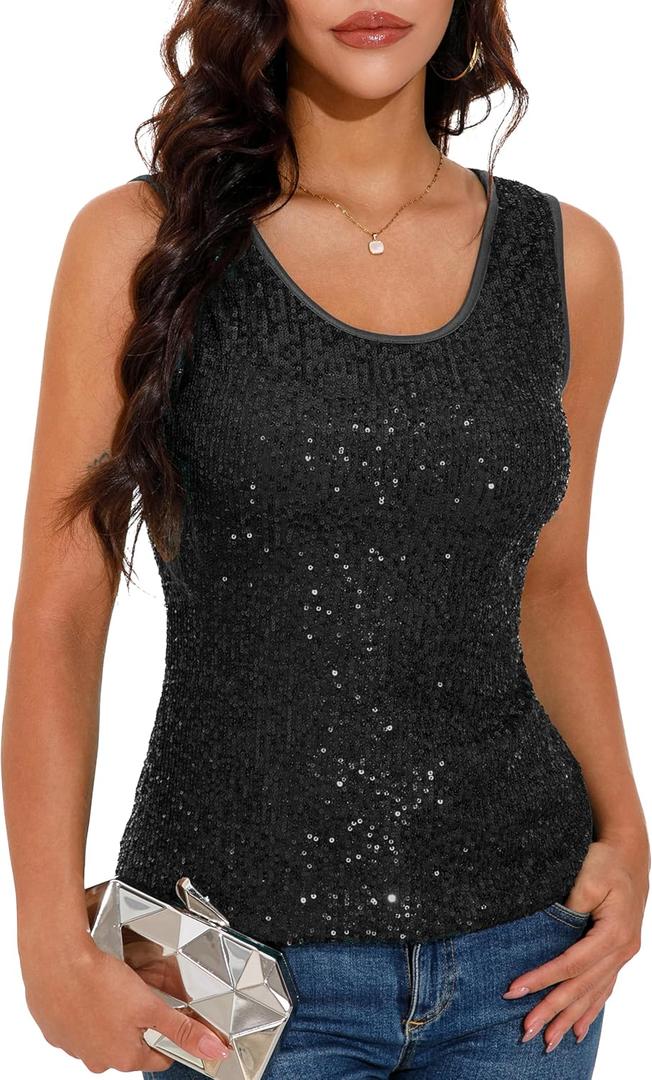 GUANYY Womens Sequins Tank Tops Dressy Casual Scoop Neck Sparkle Glittery Shiny Shirts Cocktail Party Black Medium