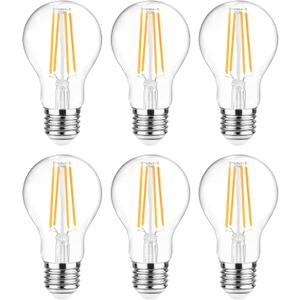 Ascher 60 Watt Equivalent, E26 LED Filament Light Bulbs, Warm White 2700K, Non-Dimmable, Classic Clear Glass, A19 LED Light Bulb with 80 CRI, Pack of 6