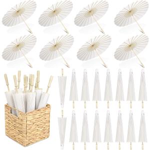 Aodaer 24 Pieces White Paper Umbrella 23.6 Inch Decorative Chinese Japanese Parasol Umbrella Crafts Vintage DIY Painting Decor Paper Thank You Card Wedding Favor for Wedding Props Bridal Party