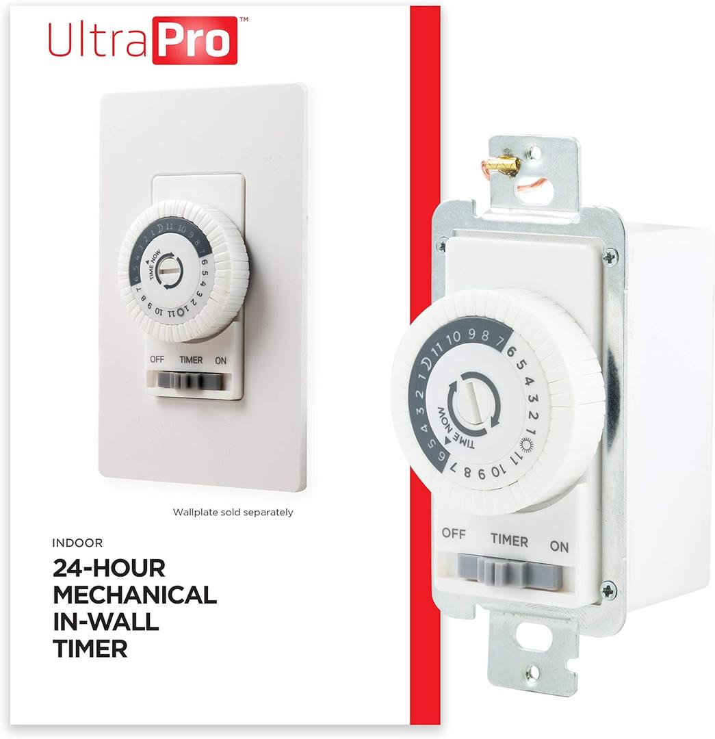 UltraPro 24-Hour Indoor Mechanical In-Wall Timer, 30 Minute Interval, Neutral Wire Required, Dial Timer Light Switch for Lights, Bathroom Fan, Exhaust Fan, Single Pole Wall Timer Switch, White, 41092 (1 Pack)