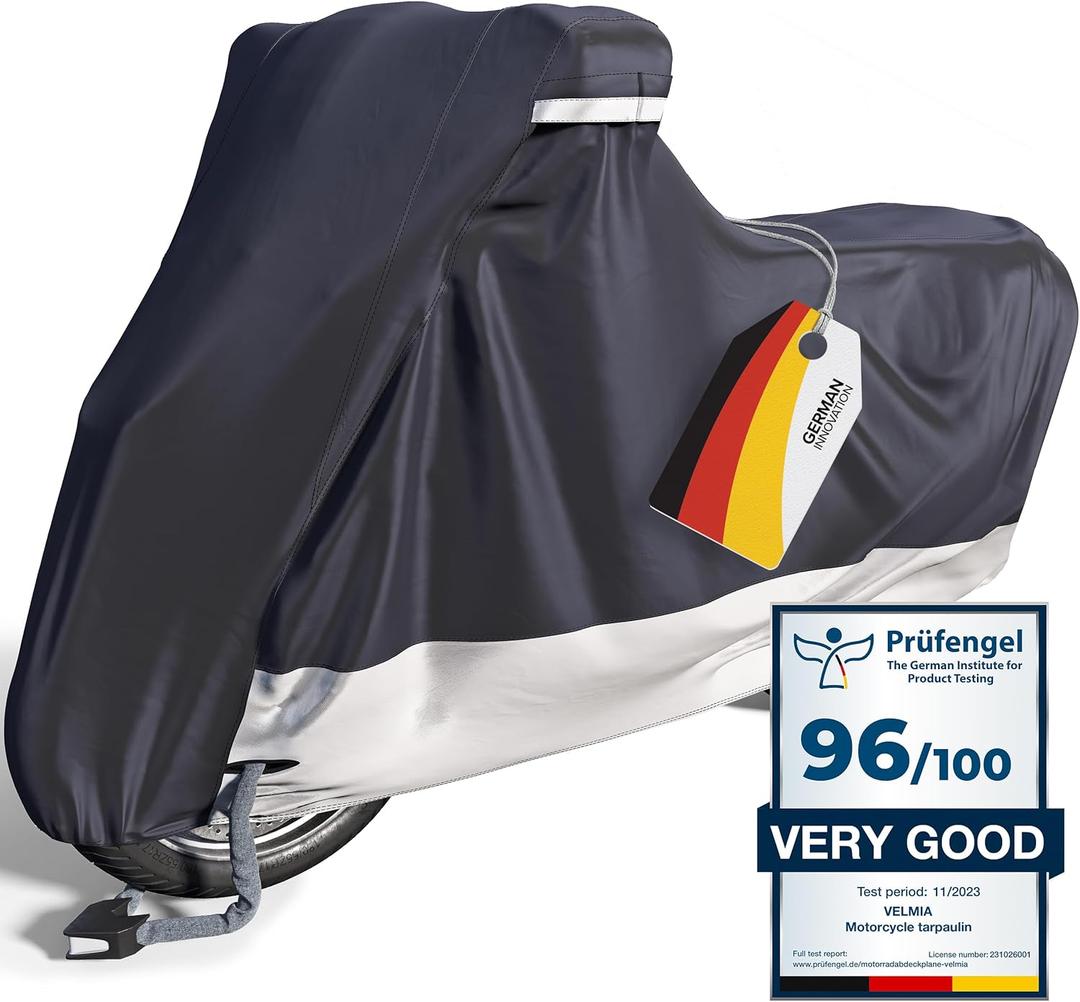 VELMIA Motorcycle Cover - Extremely Heat Resistant up to 550F, Waterproof for All Seasons, Fits Motorcycles, Scooters, Mopeds & Harleys ([L] 91 x 39 x 49 in)