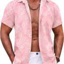 COOFANDY Mens Hawaiian Shirt Short Sleeve Button Down Shirts Tropical Summer Beach Shirts Casual Floral Aloha Shirts (Medium, Pink Leaves)