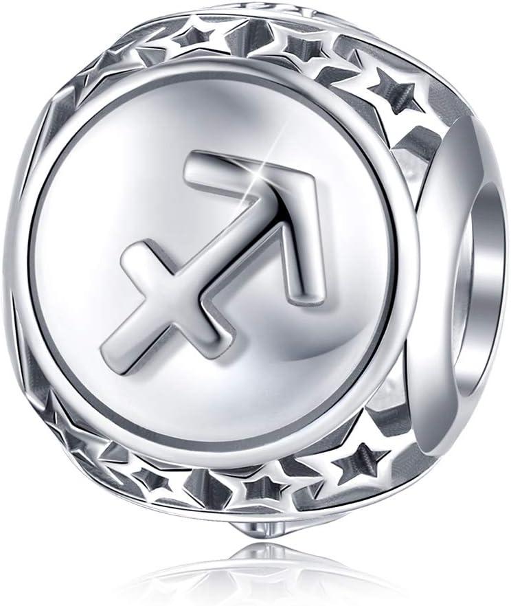 FOREVER QUEEN Zodiac Sign Charm fit Charms Bracelet, 925 Sterling Silver Plated Platinum Star Bead Charm 12 Horoscope Constellation Charm for Bracelet and Necklace, Birthday Gift