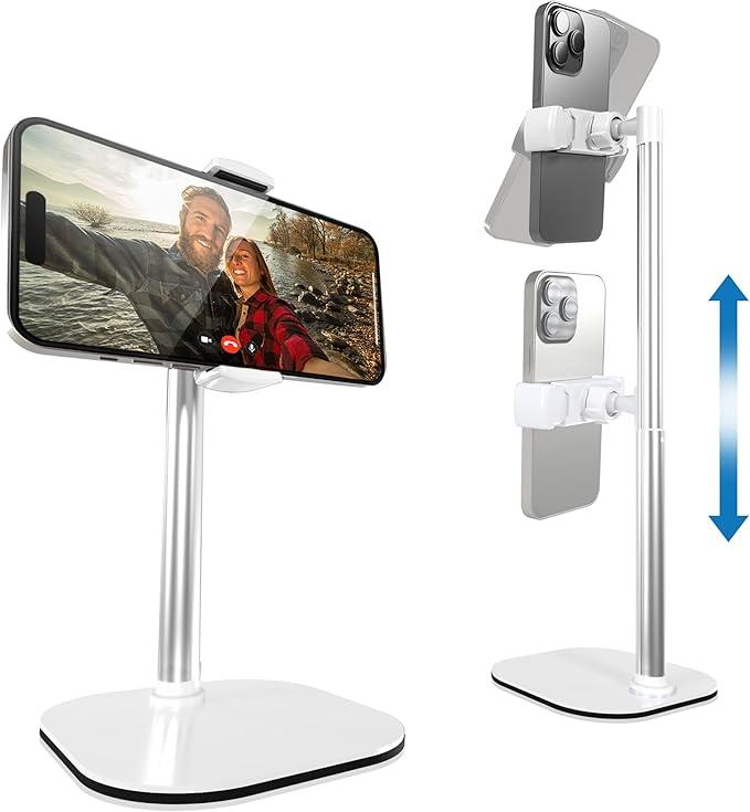 Cooper ChatStand Adjustable Cell Phone Stand for Desk & Video Recording, Rotating Cell Phone Holder for Desk for All iPhone, Samsung, Android, 9-14" Face-Level Metal Desktop Tripod (Frost White)