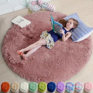 Blush Pink Fluffy Round Rug 4Ft for Bedroom, Fuzzy Furry Circle Area Rugs for Kids Room Decor Aesthetic, Shaggy Circular Carpet for Girls Nursery Dorm Baby Teen, Cute Neutral Dusty Rose Mauve Rug