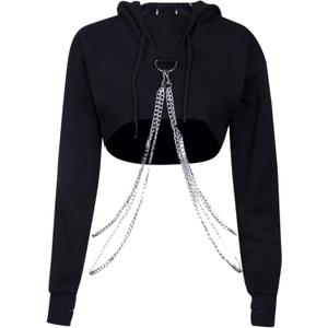AULKEEP Womens Goth Punk Iron Chain Strap Hooded Crop Tops Cotton Black Hoodie Pullover Sweatshirt (XX-Large)