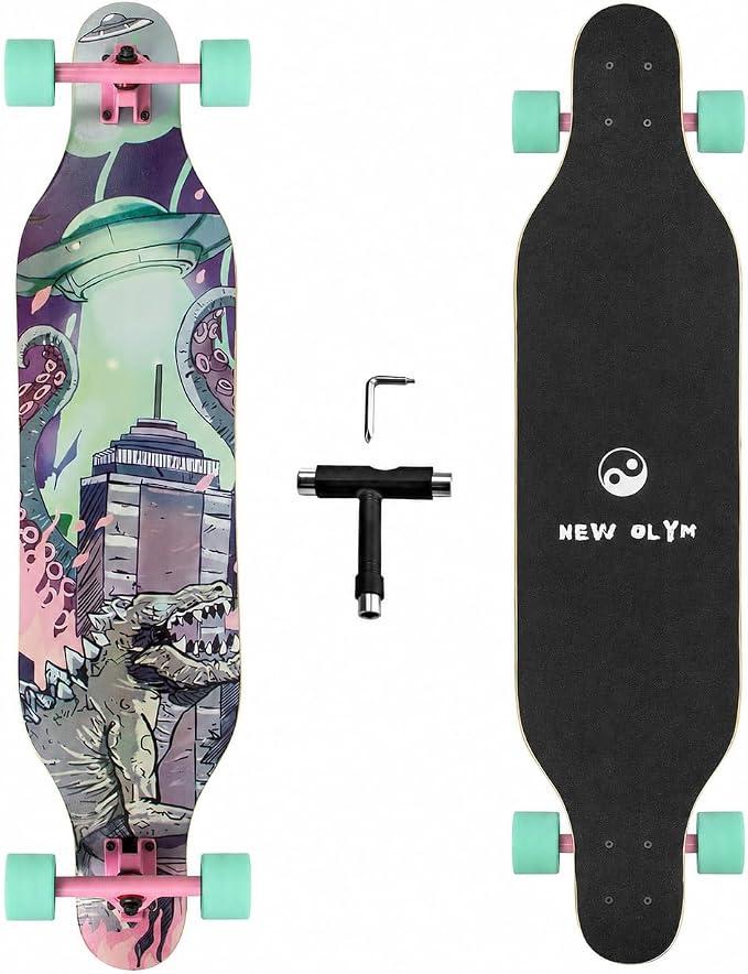 New Olym 41'' Longboard Skateboard 8 Layer Canadian Maple Drop Through Longboards for Youths Beginners, Dinosaur