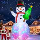 14 Ft by 7.5 Ft Large Christmas Inflatables Snowman Outdoor Decorations Build-in Rotating Colorful Light, Huge Snowman Inflatable with Christmas Tree & Hat Blow Up Yard Decor for Lawn Garden Outside