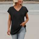 SAMPEEL Womens Summer Tops 2025 Cap Sleeve Trendy V Neck Loose Fit T Shirts (Black, L)