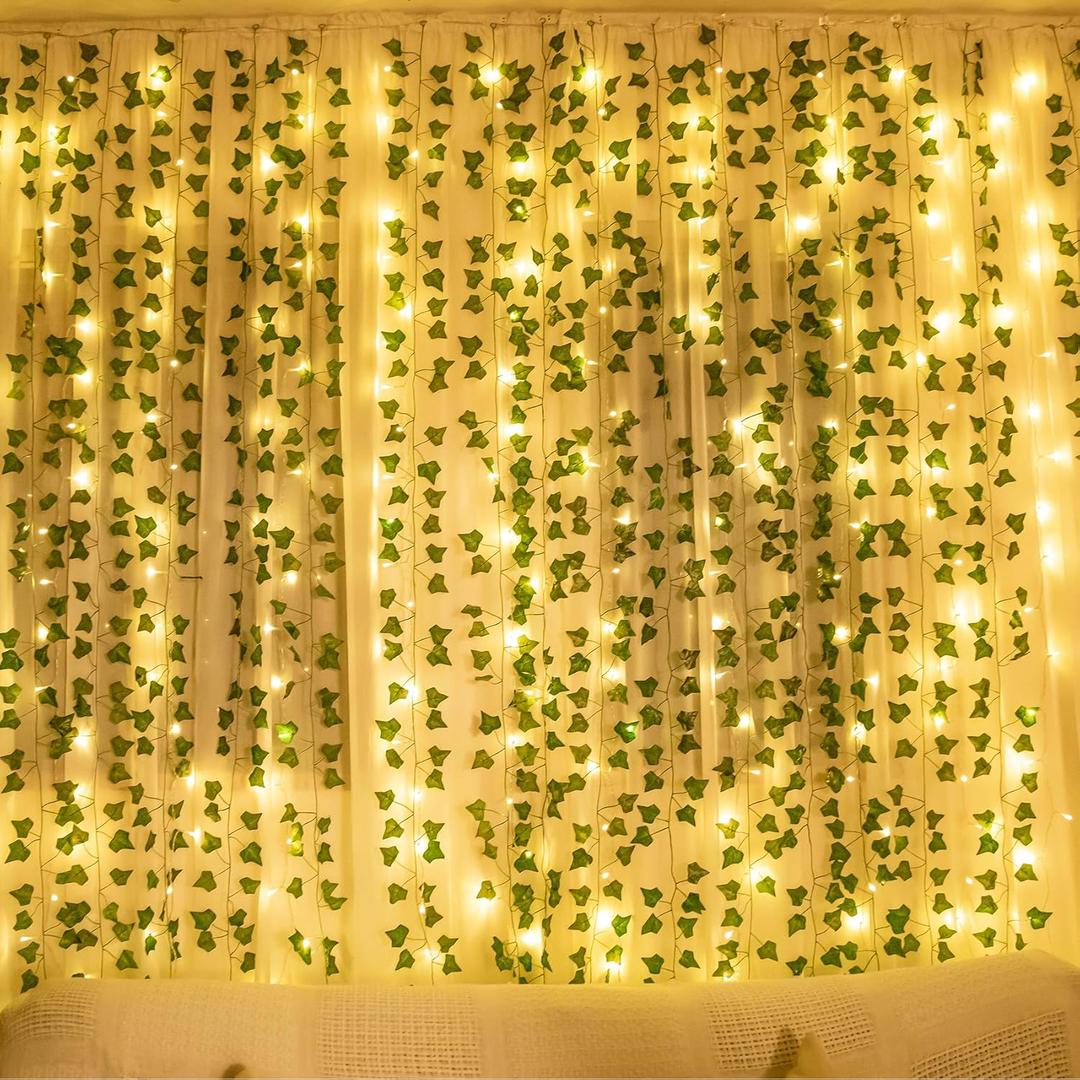 COOLUCK 84Ft 12 Pack Artificial Ivy Leaf Plants Vine with 80 LED String Light,Green Vines Garland, Hanging for Home Kitchen Office Wedding Wall Dcor