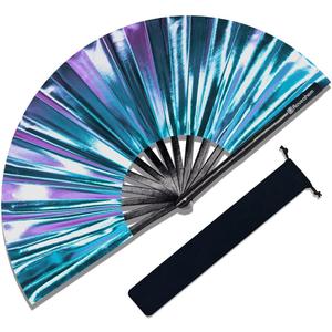 Large Rave Fan, Clack Folding Hand Fan with Premium Fabric, Thick Bamboo Frame for Men Women Gift for EDM, Festival, Club, Party, Dance, Decoration (Holographic Blue-Purple, 13")