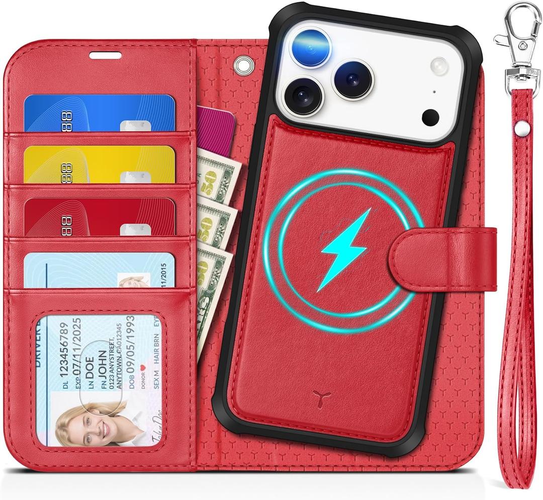 TUCCH 2-in-1 Removable Case Wallet for iPhone 17 Pro Max (6.9") 2025, Detachable Wrist Strap, 4 Card Holders RFID Blocking, Wireless Charging, Stand, Magnetic, PU Leather, Shockproof Folio Cover, Red
