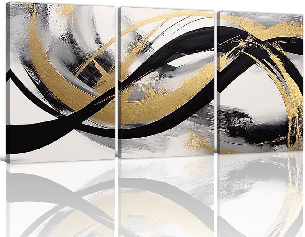 NAMENLAIMI Black and Gold Canvas Prints Wall Art 3 Piece Abstract Black White and Gold Picture Prints Large Abstract Paintings for Living Room Bedroom Decor Frame(Abstract-3,16.00" x 24.00" x 3Pcs)
