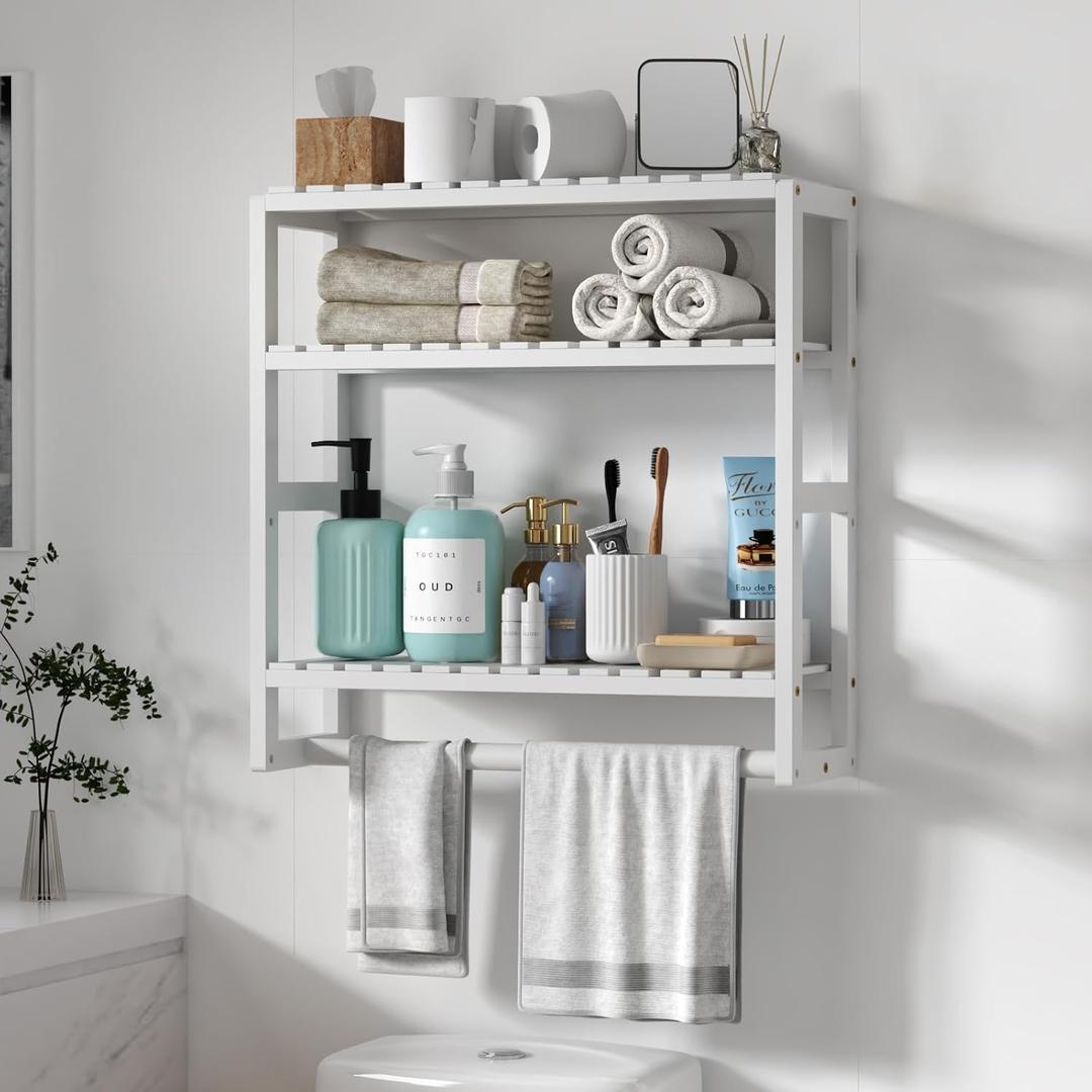 Over The Toilet Storage Bathroom Shelves Wall Mounted 3 Tier Space Saver Corner Shelf Organizer Bamboo Towel Rack Toilet Paper Cabinet with Hanging Rod White (Large)