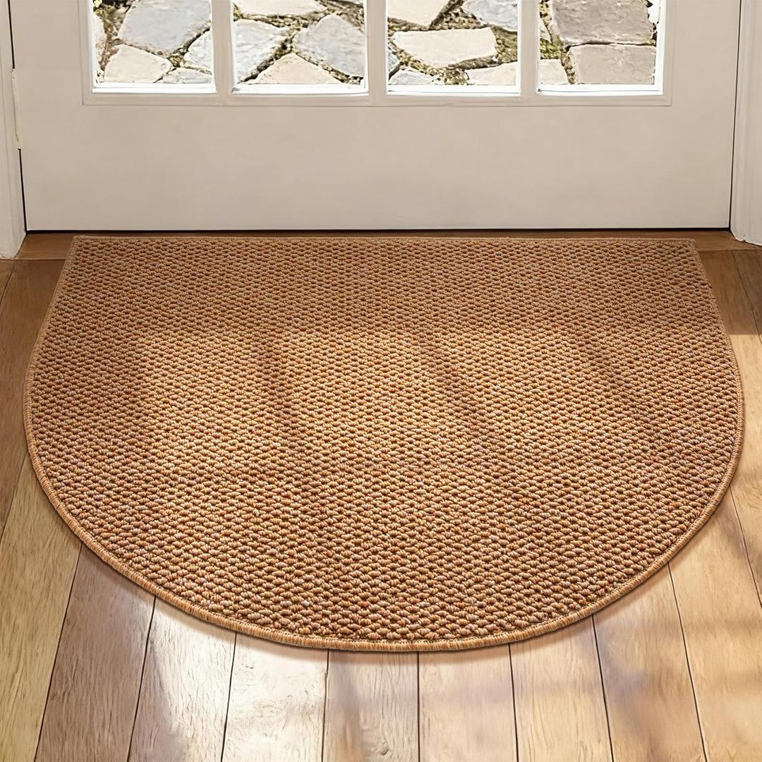 YIHOUSE Half Circle Door Mat 20" x 31" Light Brown, Front Door Mat Entrance Non Slip, Thin Dirt Trapper Washable Low Profile Doormats for Entryway Mats
