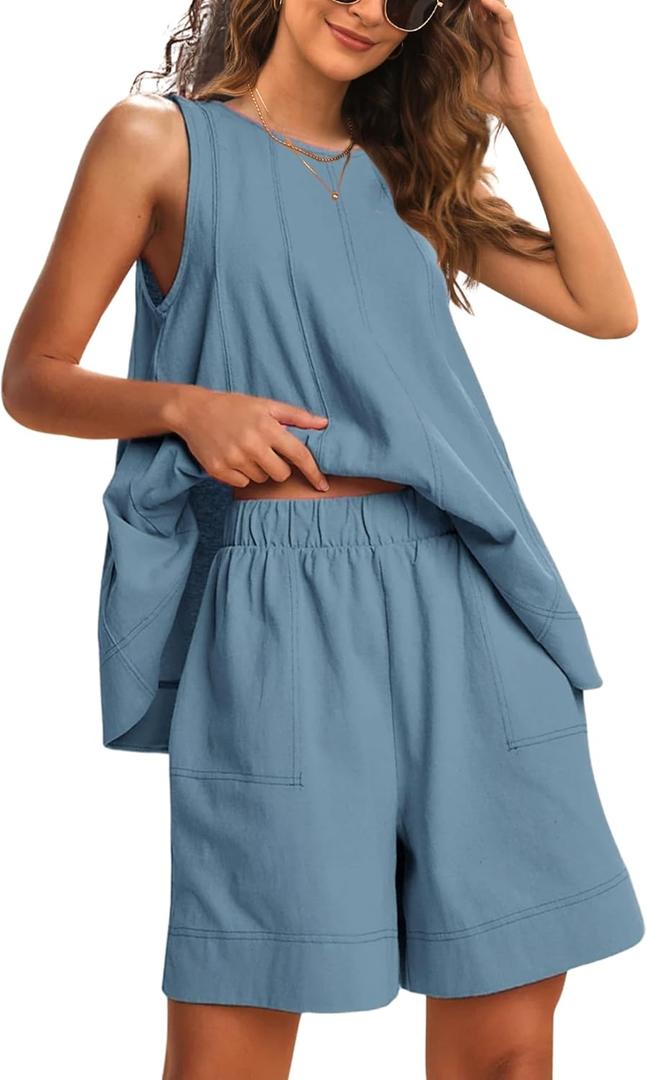 Gozoloma Womens 2 Piece Outfits Sleeveless Matching Sets A Line Tank Tops Contrast Stitching High Waist Shorts with Pockets (Blue, L)