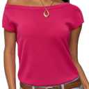 SUUKSESS Women Silk Cashmere Blend Off The Shoulder Tops Summer Lightweight Knit Trendy Sweaters Going Out Loose Fit Shirts (Rose Pink, Large) (Pink, L)