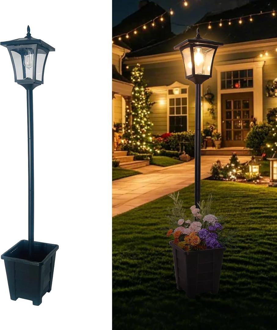 Outdoor Solar Post Lights, 59" Dusk to Dawn Solar Lamp Post with Planter, Waterproof Floor Lamps for Backyard, Pathway, Patio,Lawn, Driveway Decor