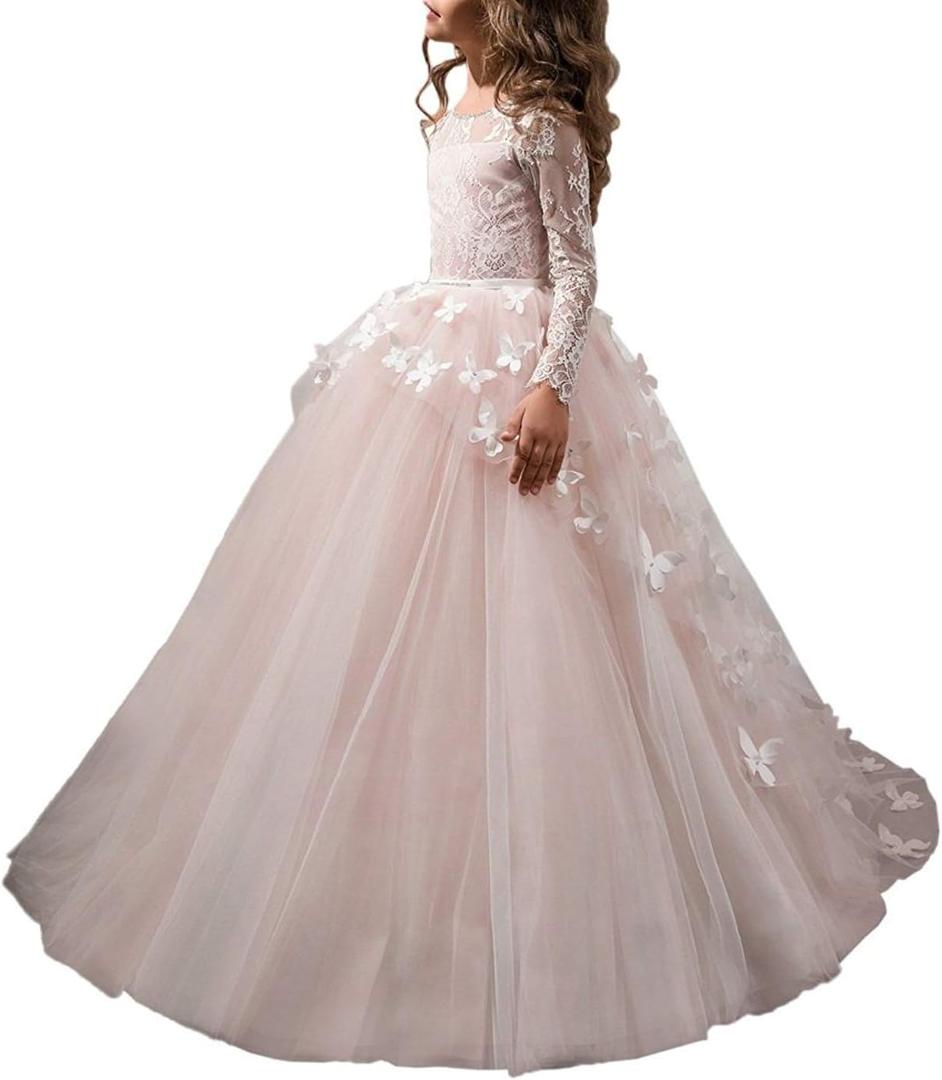 Abaowedding Lovely Flower Girl Dress Lace Long Sleeves Prom Gown (10, Pink)