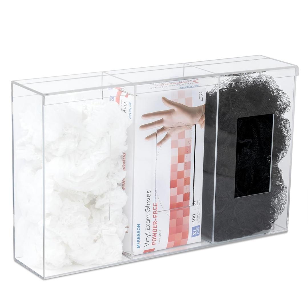IneVibe Triple Hygiene Holder - 3 Compartment Acrylic Dispenser with Lid for Hairnets, Glove Boxes, Face Masks, Plastic Bags, Tissue Boxes in Home or Medical Setting - Counter or Wall Mount (Triple)