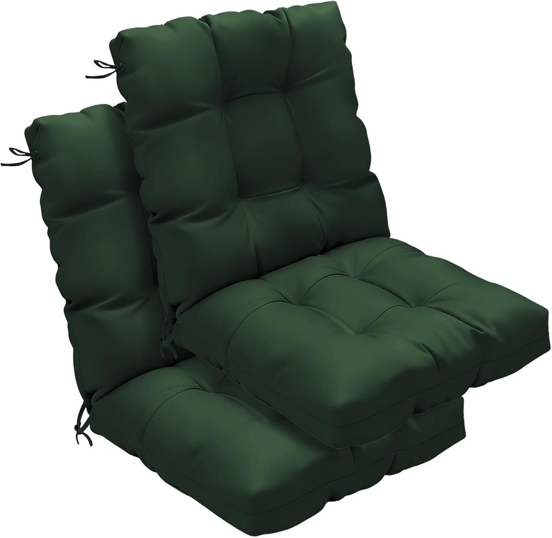 Outdoor Chair Cushions Set of 2, 42x21x4 Inch Patio Cushion for Dining/Rocking Chairs, High Back Soft Seat Pad with Ties, Indoor Outside Use, Fade-Resistant & Waterproof, Dark Green