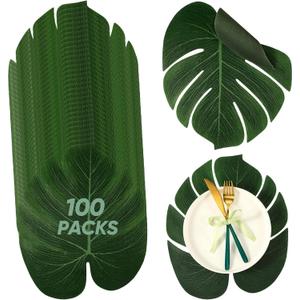 XunYee 100 Pcs Reusable Palm Leaf Placemat 14 Inch Silk Tropical Monstera Leaves Mat for Hawaiian Luau Wedding Safari Jungle Birthday Baby Shower Party Table Decor (Silk) (Green)