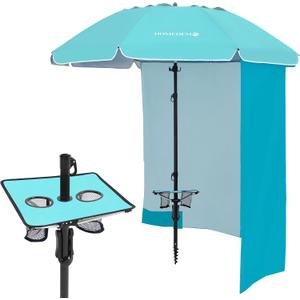 HOMEDEMO Heavy Duty High Wind Beach Umbrella with Sand Anchor,Built-in Table Tray & Tilt Pole&Hook& Curtain, UPF 50+ Windproof Portable Beach Umbrella for Patio Garden Pool Backyard (7FT, Trkiye Blue)