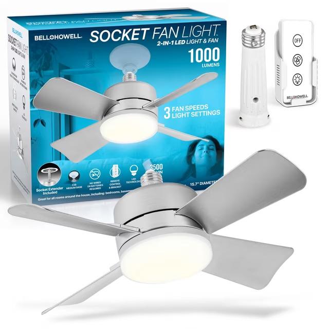 Bell+Howell Socket Fan Light 2-in-1 LED Ceiling Fan with Remote, 1000 Lumens, 3 Fan Speeds & 3 Light Settings, White