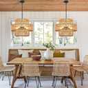 22" Boho Hand Woven Rattan Chandelier Light Fixtures, 5-Lights Farmhouse Pendant Light for Kitchen Island, 3 Round Large Wicker Chandeliers for Dining Room, Living Room, Bedroom, Hallway