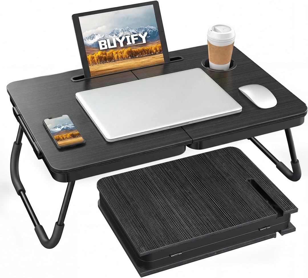 BUYIFY Foldable Laptop Bed Desk for Couch, Sofa - Large Lap Desk Tray Table with Cup Holder and Tablet Slot - Portable Notebook Stand for Eating, Writing, Studying and WFH (Black)- USA Original Patent