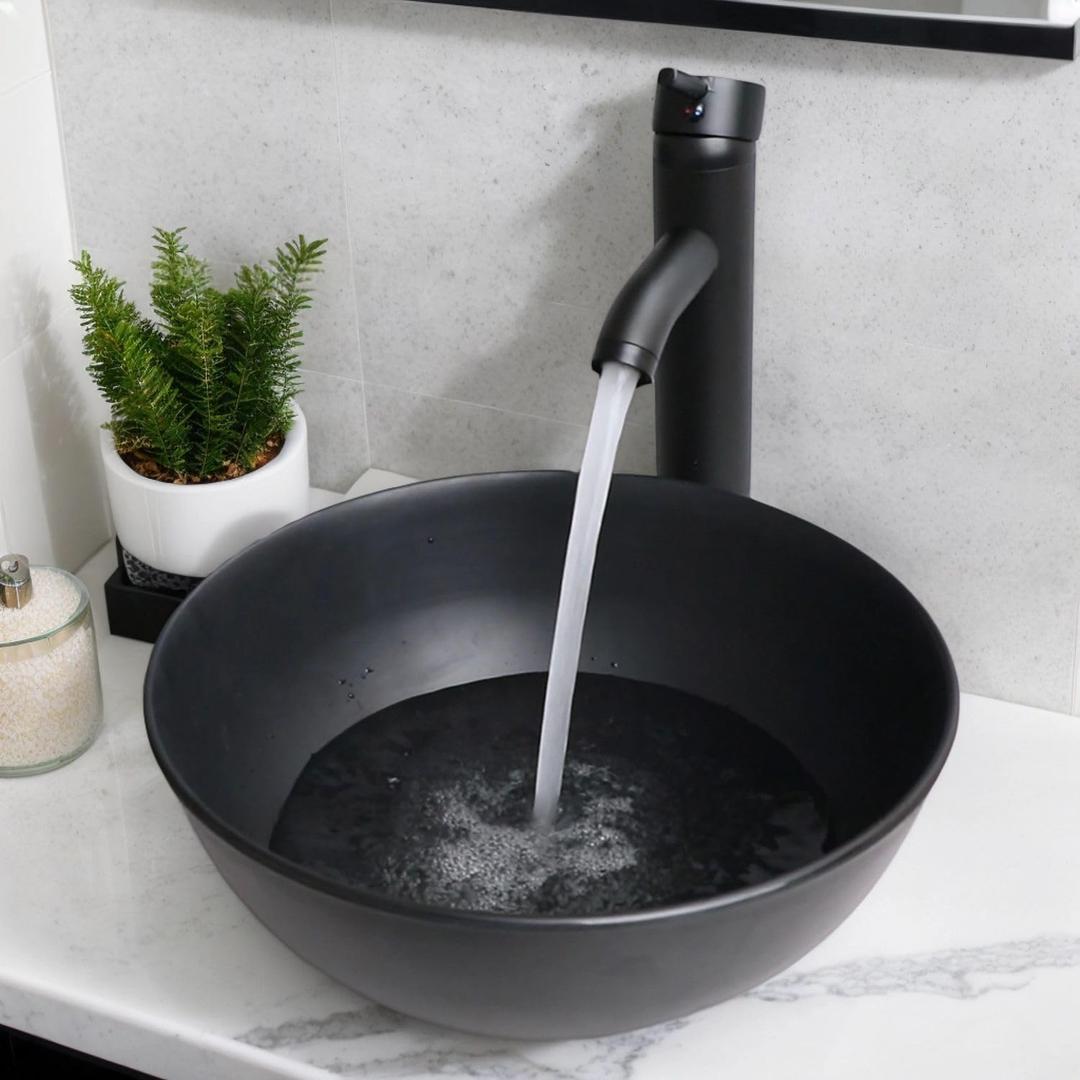 13 Bathroom Sink Stone Resin Vessel Sink with Faucet and Pop-up Drain Combo Round Bathroom Vessel Sink Black Bathroom Sink Above Counter Small Bowl
