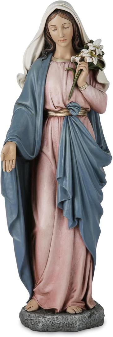 Blessed Mother Statue - 14 Inch Saint Mary Holding Lilies Figure Elegant Home Decor, Hand Painted Madonna Virgin Mary Statue Renaissance Collection (Full Color)