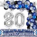 Blue 80th Birthday Decorations for Men, Women, Navy Silver Happy Birthday Yard Banner, Balloons for Anniversary Party Supplies