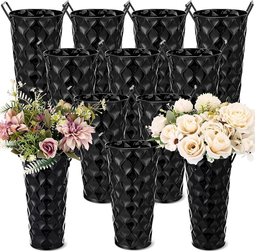 12 Pcs Black Metal Flower Vases 9 Inch Galvanized Flower Bucket Spring Farmhouse French Bucket with Handles, Floral Vases for Centerpiece Bar Wedding Bouquet Table Decor Supplies