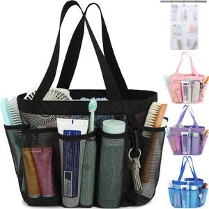 Mesh Shower Caddy Portable for College Dorm Room Essentials, 8-Pocket Large Shower Basket Tote Bag with 2 Handles for Toiletry, Bathroom, Beach, Camp, Gym (Multiple Pockets - Black)