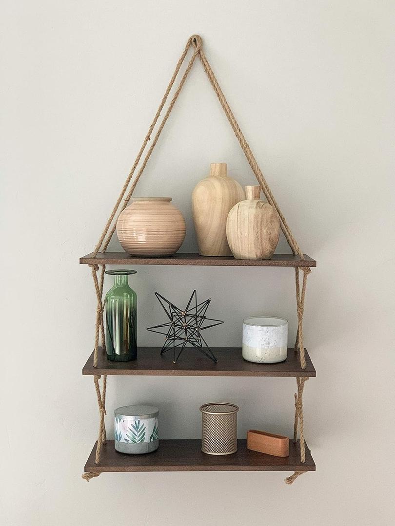 Holmes Creek Decor Hanging Rope Shelf, 3 Tier Wood Rope Floating Shelves, Boho Living Room Home Decor