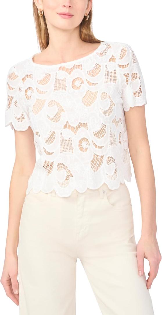 Vince Camuto Women's Crochet Short Sleeve Top, Medium