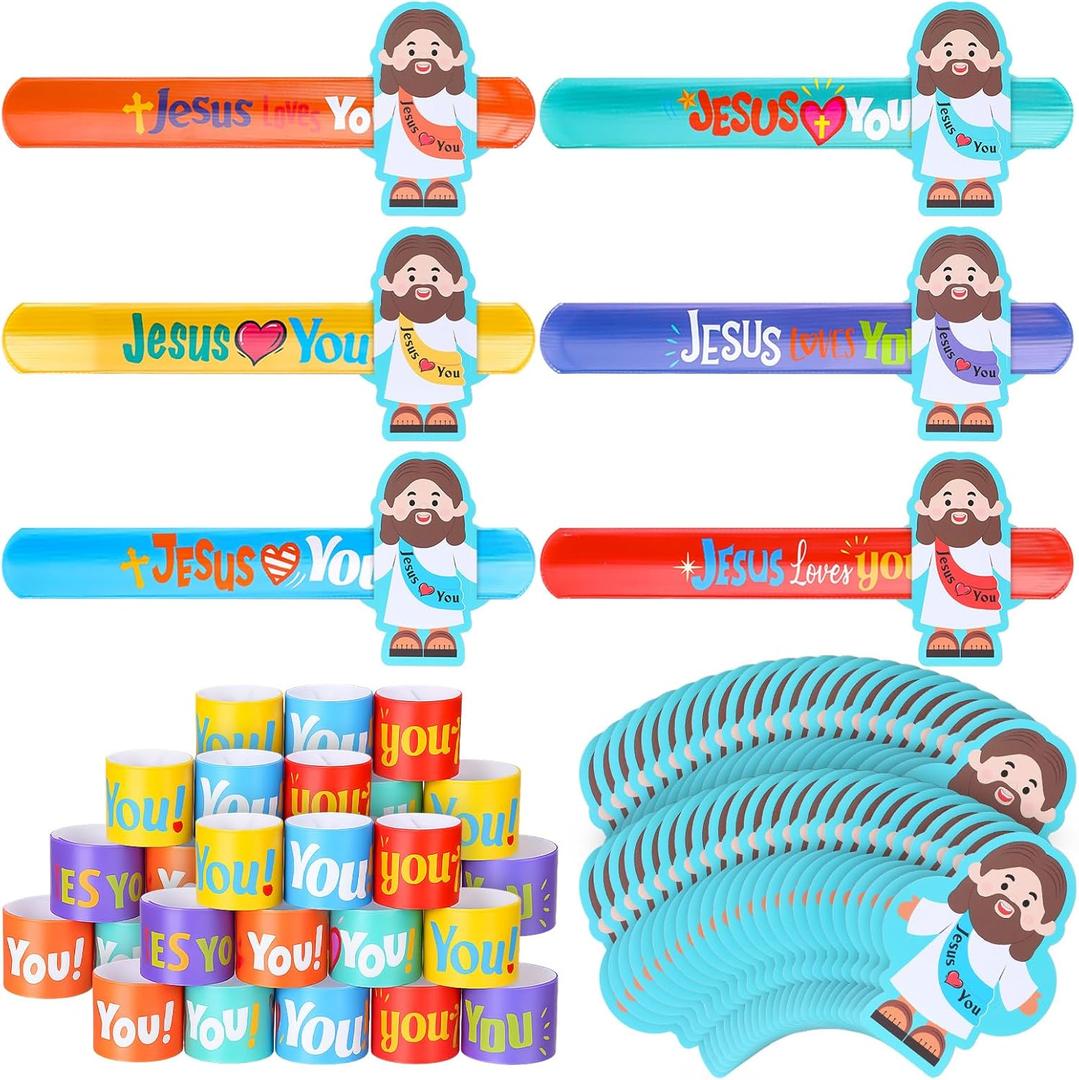 24 Pcs Jesus Slap Bracelets for Kids Bulk Christian Party Favor Jesus Love You Snap Wristband for Classroom, Religious Sunday School Awards, Easter Basket Stuffers, Egg Fillers Gift