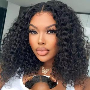 Wear and Go Glueless Wigs Human Hair Pre Plucked Pre Cut Lace Front Wigs for Black Women 180 Density Water Wave Bob Wig Human Hair Curly Wig (14 Inch) (Natural Black Color)