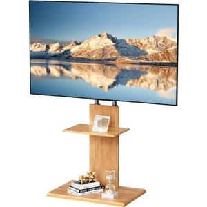 Universal Floor TV Stand with Height Adjustable and Media Shelf for 32-70 inch Flat Screen TV, Swivel TV Mounts Stand with Solid Wood Base for Living Room, Light Walnut