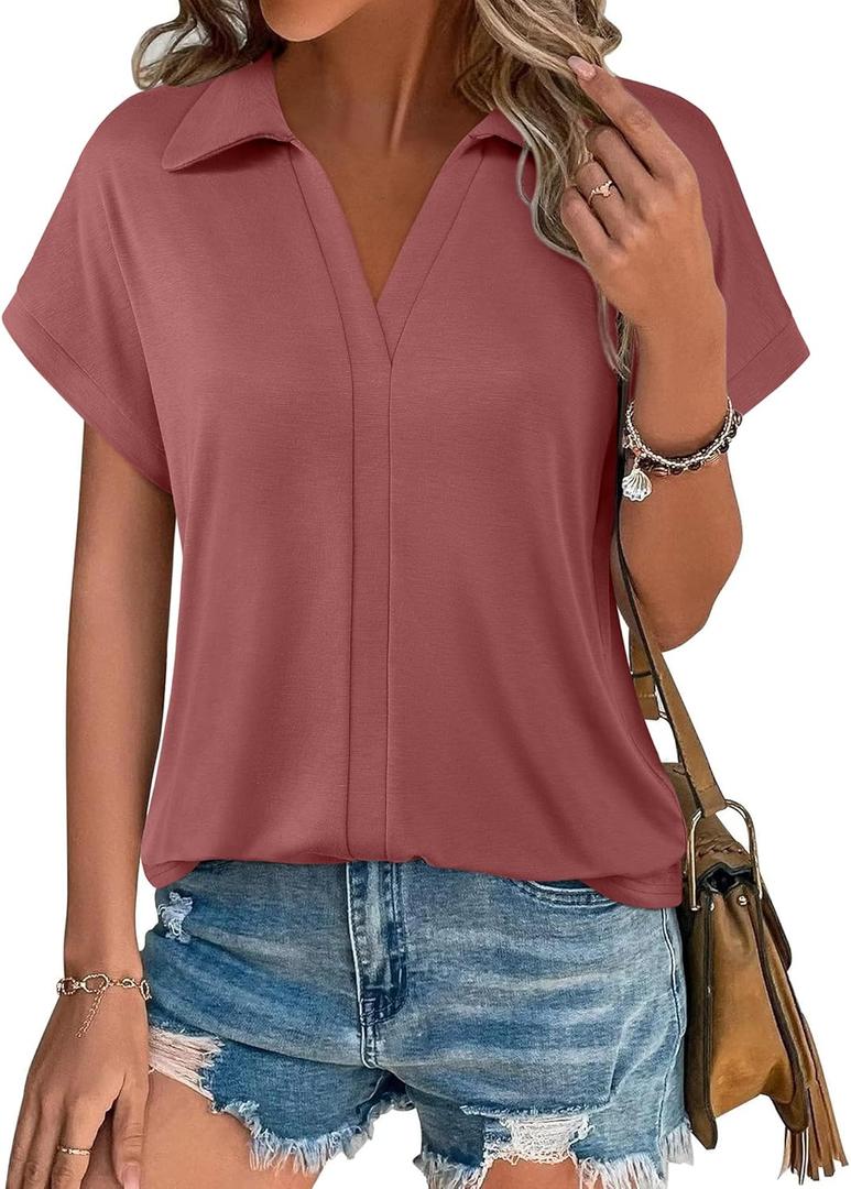 Vivilli Women's Short Sleeve Tops and Blouses Business Casual Collared Tunic Shirt (Red, XXL)